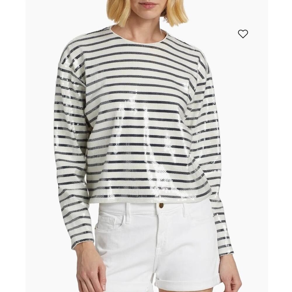 NWOT Women’s FRAME Denim Striped Sequin Top in White/Navy SZ S